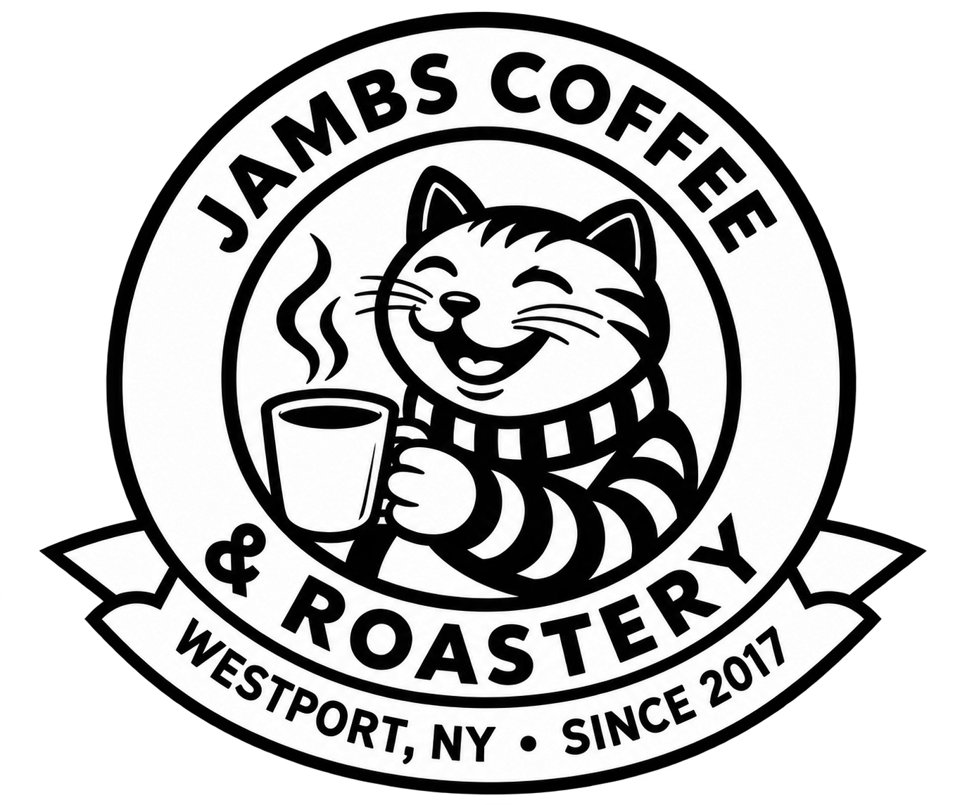 JAMBS Coffee & Roastery — smiling cat holding a coffee cup, Westport NY, since 2017